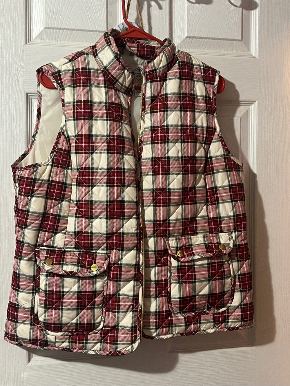 St. John's Bay Cream and Red Plaid Quilted Puffer Vest